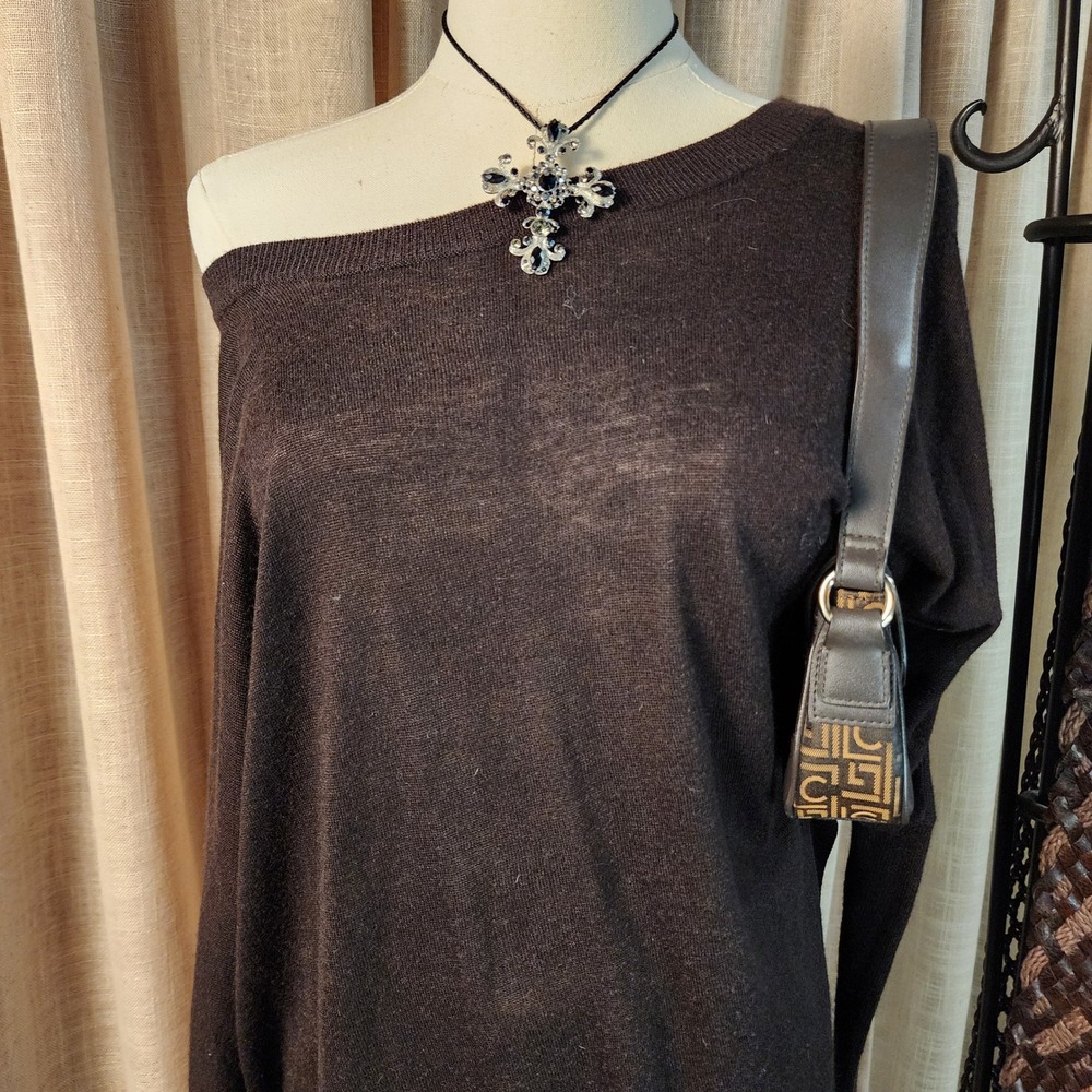 Valette Oversized Small Brown Wool Blend Off Shoulder Dolman Sleeve Knit Top